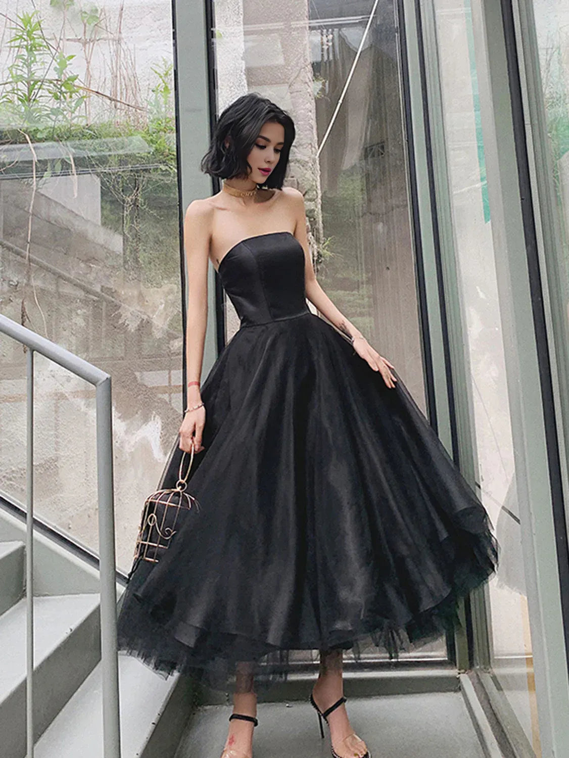 Wholesale Simple black tea length prom dress black tulle homecoming dress gowns evening dresses